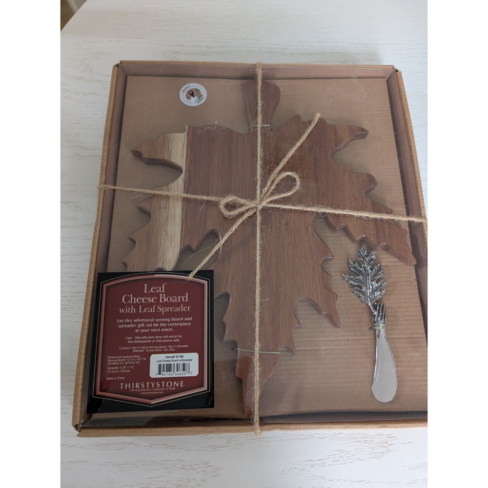 Thirstystone Set Wooden Leaf Cheese Board & Metal Spreader Knife NEW in Pkg